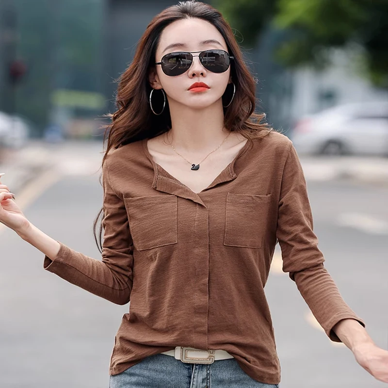 Mode Langarm T-Shirt Frauen Blusas Mujer de Moda lässig V-Ausschnitt Frauen T-Shirt T-Shirts Top-Shirts für Frauen Kleidung G187
