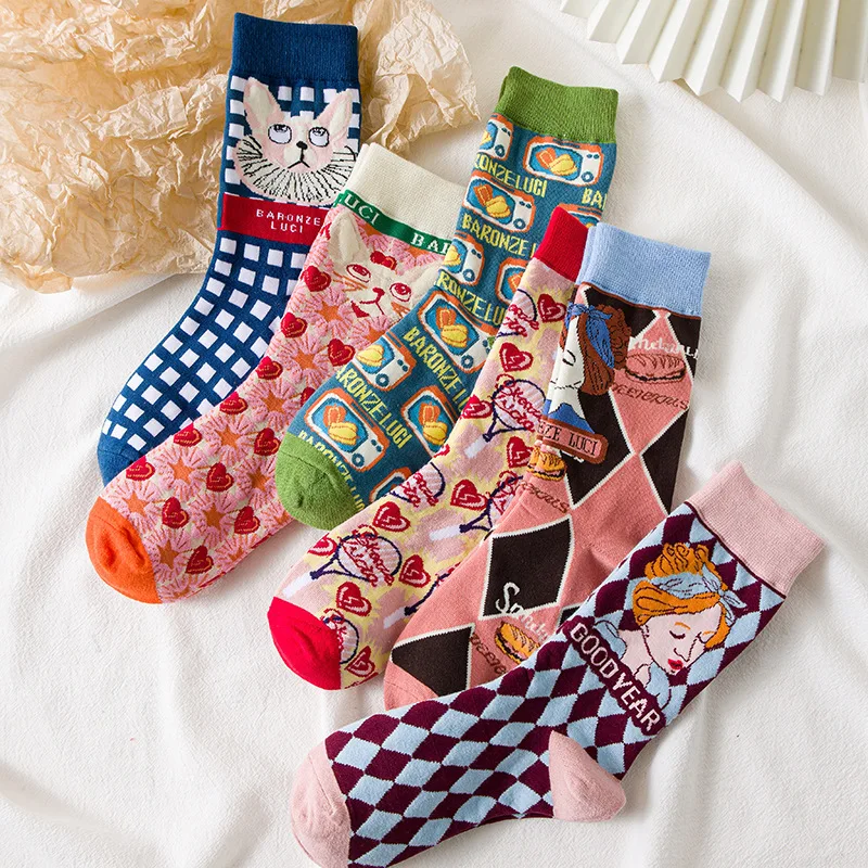 New and interesting trend personality socks women's mid-tube socks cat cartoon cute street 1 pair