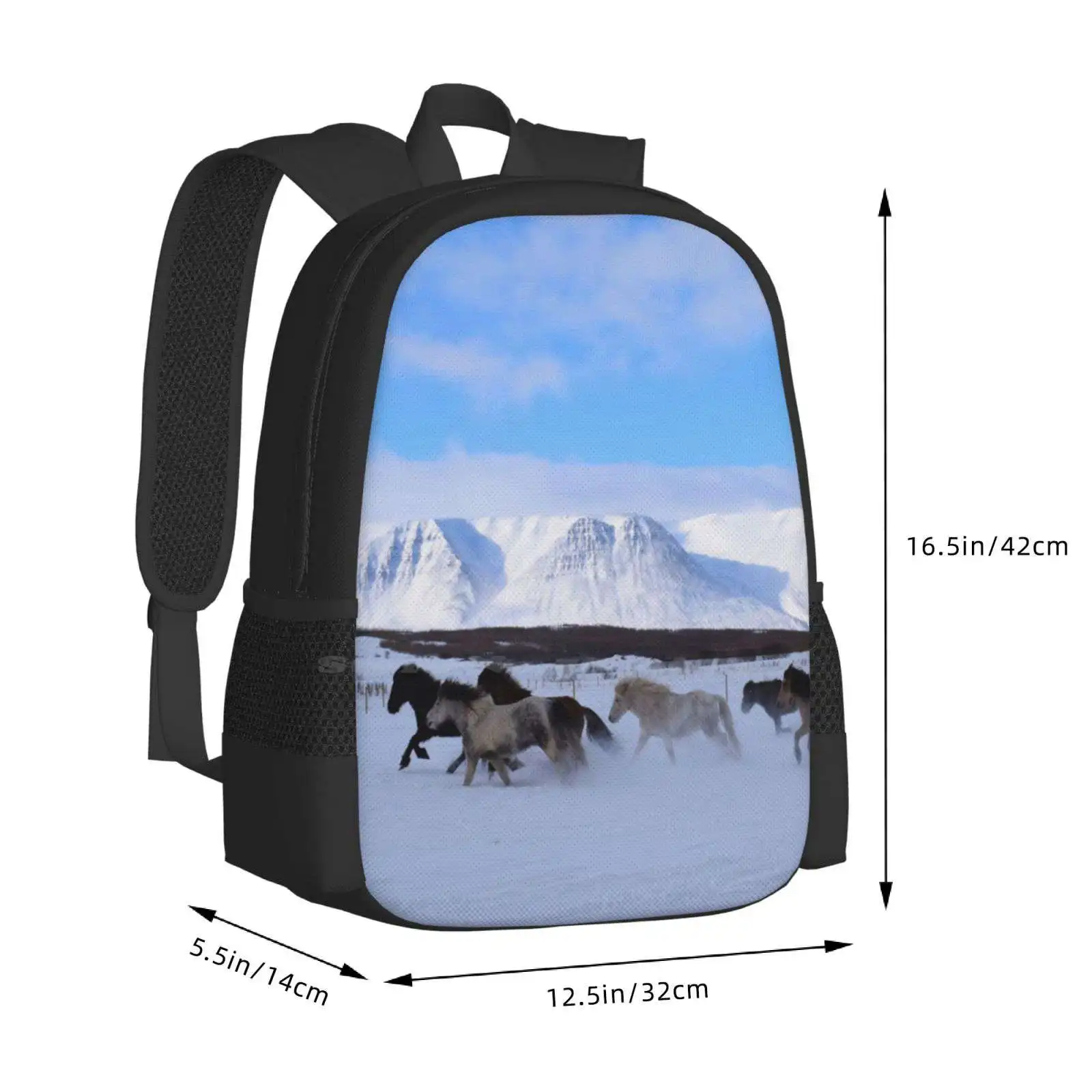 Icelandic Horses Running In The Snow Teen College Student Backpack Pattern Design Bags Snow Winter Cold Icelandic Horses Gallop