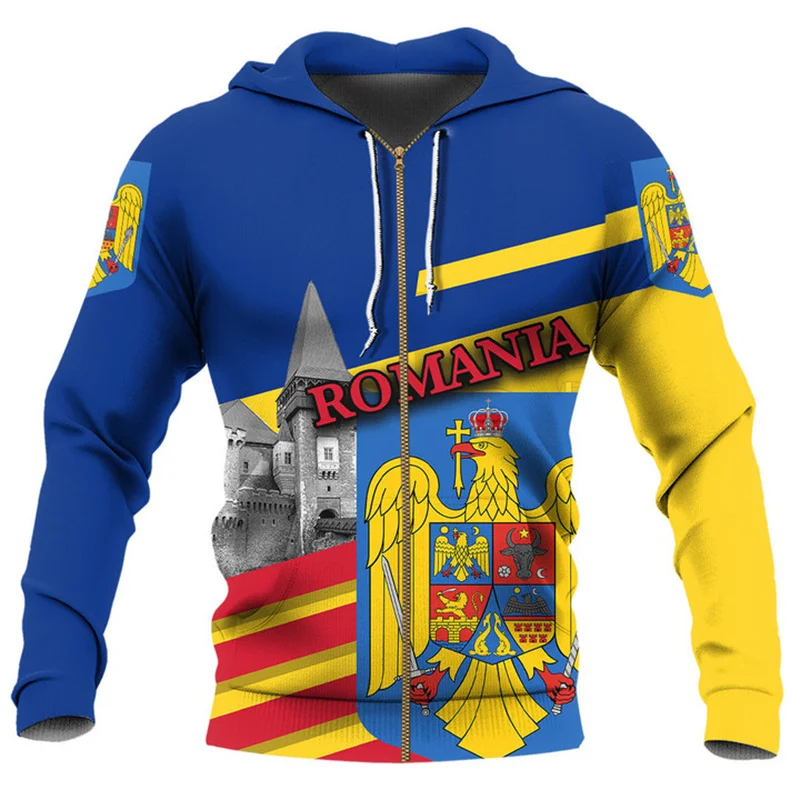 Romania Flag Graphic Zipper Pullovers For Men Romanian Emblem 3D Printed Hoodies Fashion Loose Street Long Sleeve Sweatshirts