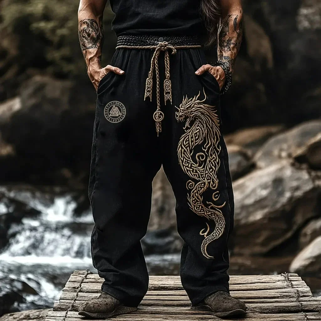 Men's casual pants retro Viking crow 3D printed casual pants drawstring straight leg pants summer beach pants