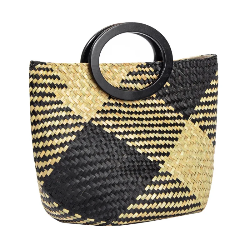 French Vintage Tote Straw Woven Bag Fashion Light Luxury Art Versatile Banquet Handbag Oval Wooden Handle totes Female