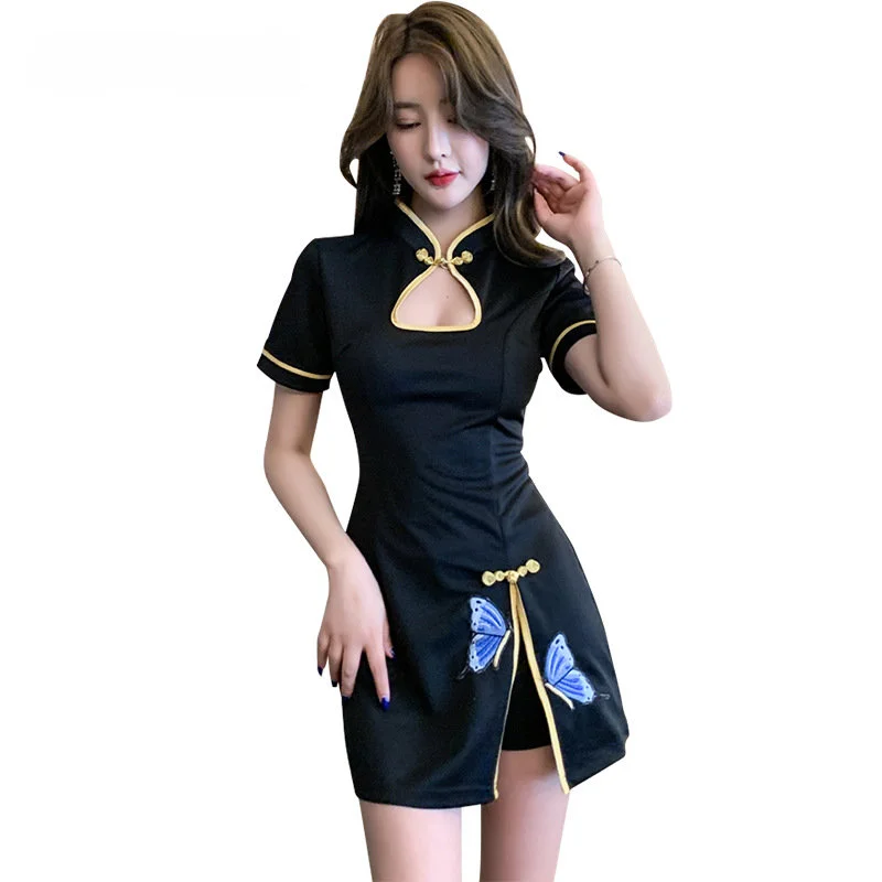 

Beautician Workwear Spa Technician Overalls Female Massage Sauna Uniform Cheongsam Style Embroidered Dress Set Contains Shorts