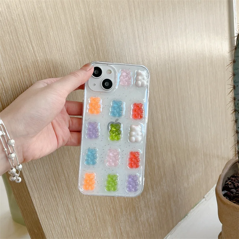 Cute 3D Colorful Bear Drop Glue Phone Case for iPhone 16 15 14 13 12mini 11 Pro Max XS X XR 7 8 Plus Shockproof Protective Cover view 6