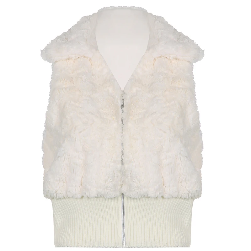 Streetwear Harajuku Fur Sleeveless Jackets Zip Up Chic Cute Aesthetic Crop Top Coats Autumn Outfits Plush Coat Cropped Jacket