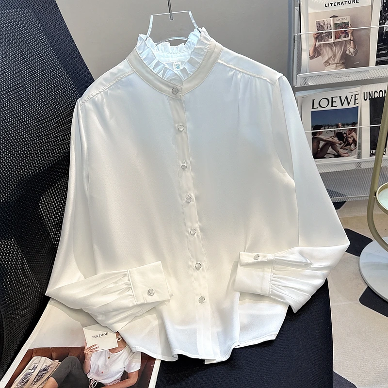 Camicia da donna Camicetta Nuova elegante manica lunga Colletto arricciato Camicia bianca Camicetta Donna Top Camicette Camicie Blusas Para Mujer Q544
