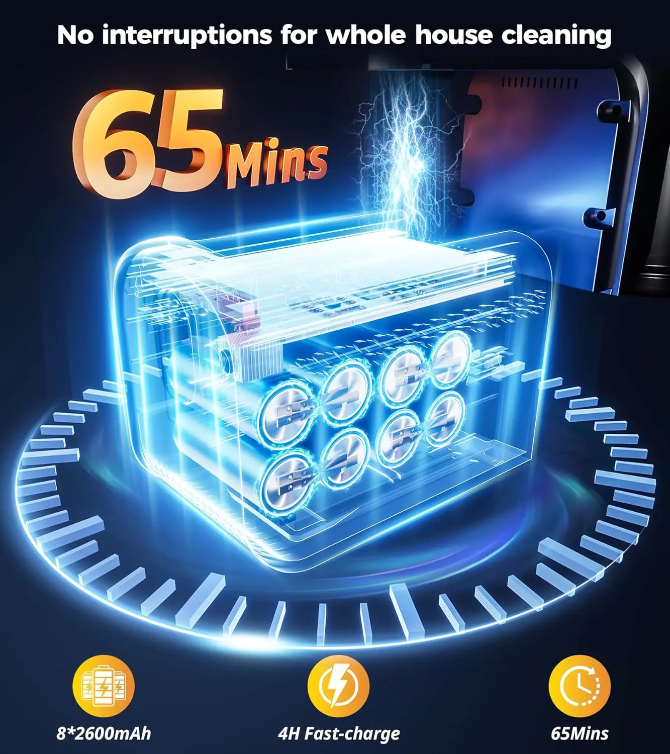 Kabelloser Staubsauger, 550W 45Kpa 65 Minuten Selbststehend mit LED-Anzeige für Tierhaare, Teppiche und Hartböden