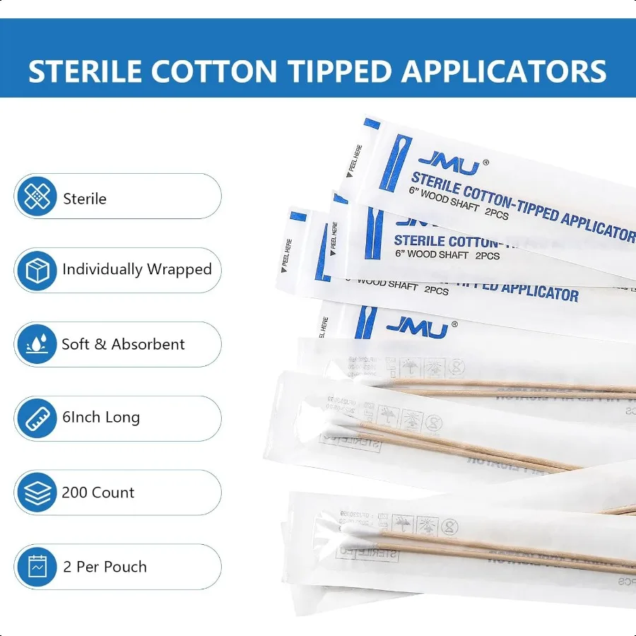 6 Inch Sterile Cotton Tipped Applicators 200 Count Long Cotton Swabs Wood Shaft Medical Swabs