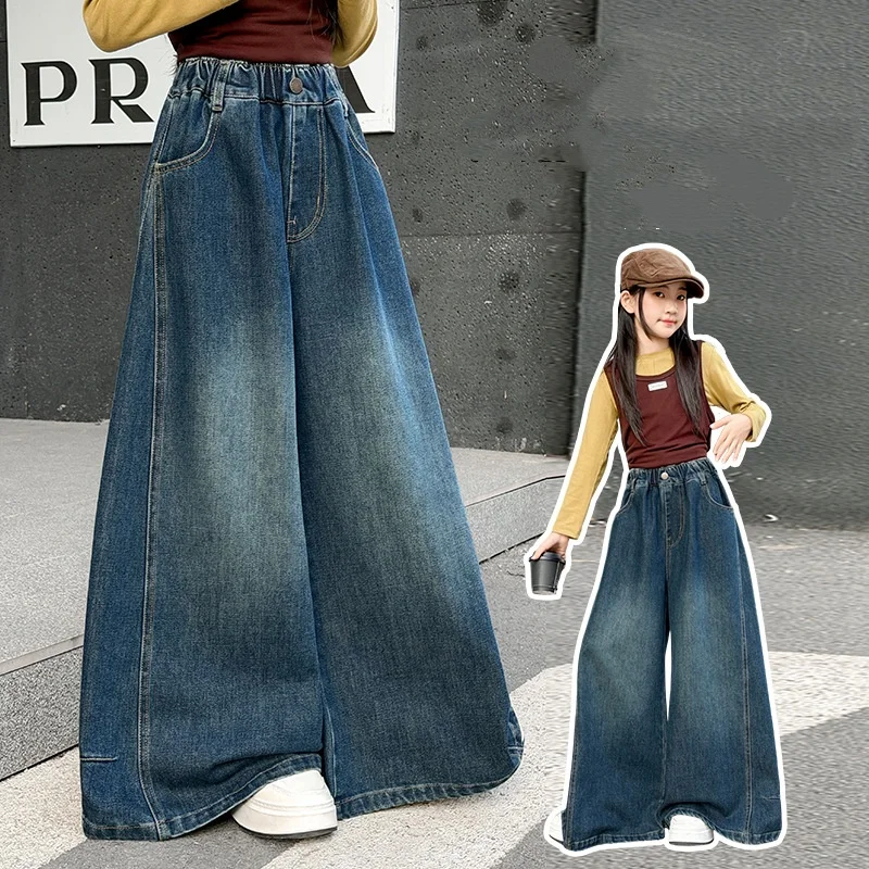 Teenager Girls Retro Wide Leg Jeans Cool Autumn Fashion Denim Pants Street Style Casual Loose Trousers for Kids Age 4-15 Yrs