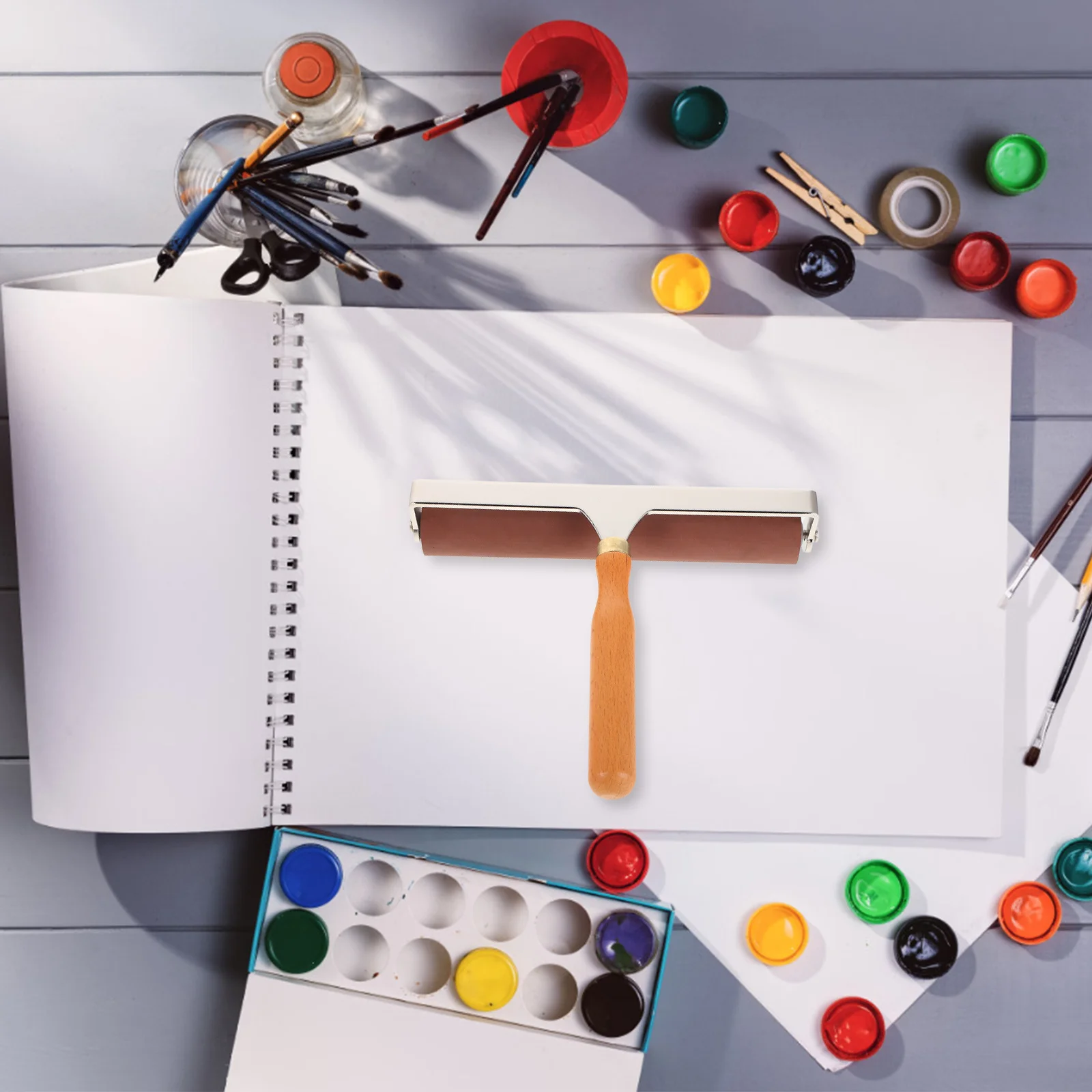 Soft Rubber Roller 20cm Printmaking Tool Set Craft Glue Application Wood Handle Artistic Expression Brayers for Gel Printing