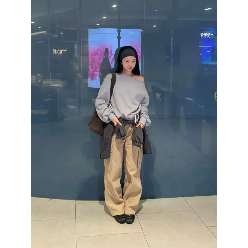 

Spring 2026 Dongdaemun Baby Sauce Retro Workwear Style High Waist Cotton Casual Pants Large Pockets Straight Leg Universal Fit