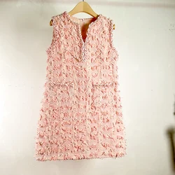 Pink Tweed Small Fragrant Sweet Fashion Dress 2024 New Autumn Weave V Neck Sleeveless Vest Pockets Tassel Loose A Line Vestidos