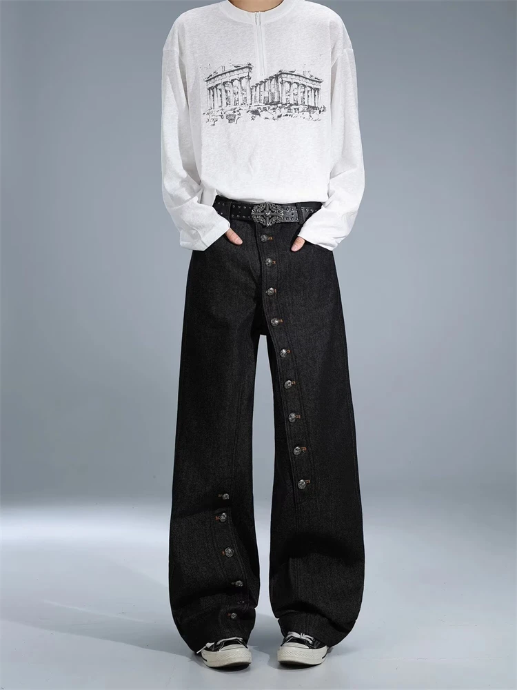 Women's Long Buckle Design Black Jeans Unisex Retro Bottoms Casual Pants High Waisted Women Sweatpants Female Wide Leg Trousers