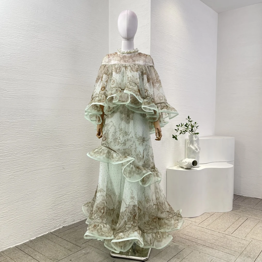 

2025 Spring Summer New Mint Green Pearl Irregular Hem Ruffles Tops and Irregular Hem Skirt Set Outfit High Quality Silk