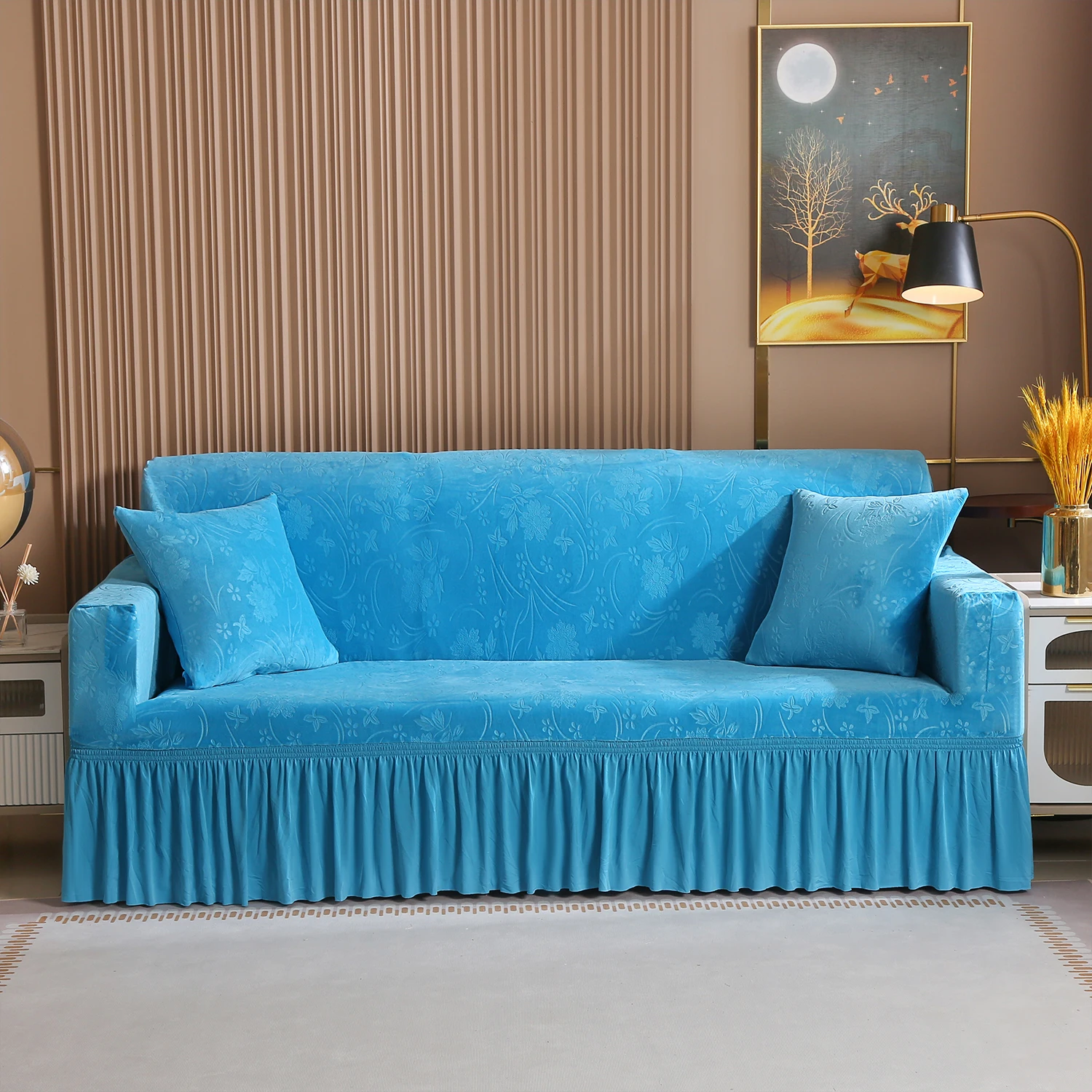 

Elegant Lace Crystal Velvet Fabric Luxury for 1/2/3/4 Seater Sofa Cover Fully Encased Elastic Slipcover with Frill Skirt