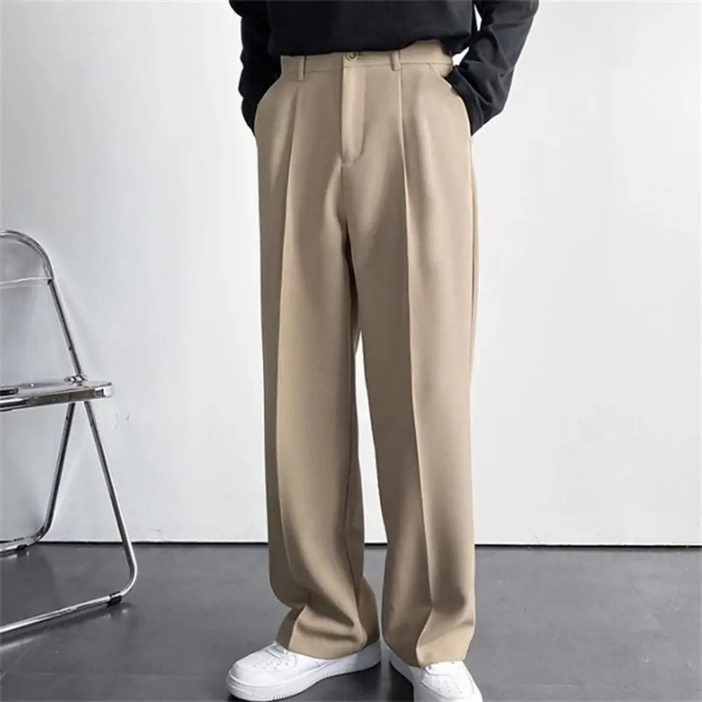 2025 Reinforced Pocket Stitching Men Suit Pants High Waist Button Zipper Fly Straight Wide Leg Pants Casual Men Trousers