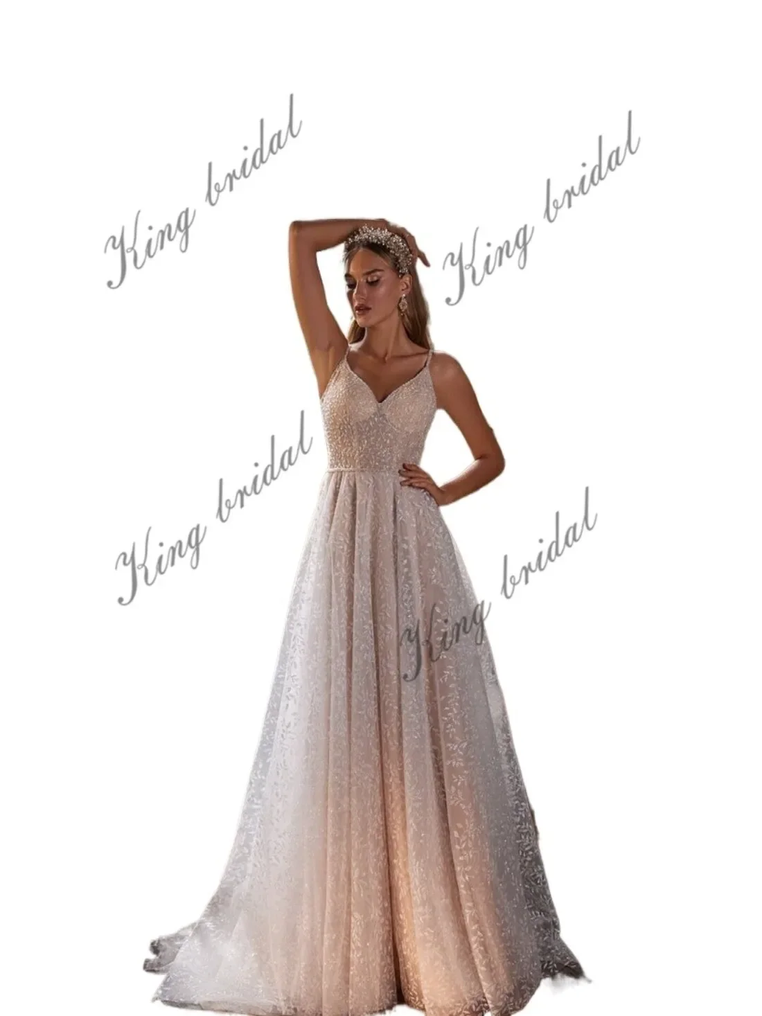 Women Sparkle Crystals Embroidered A Line Wedding Dress Backless Bridal Gowns Glitter Custom Simple Wedding Dress