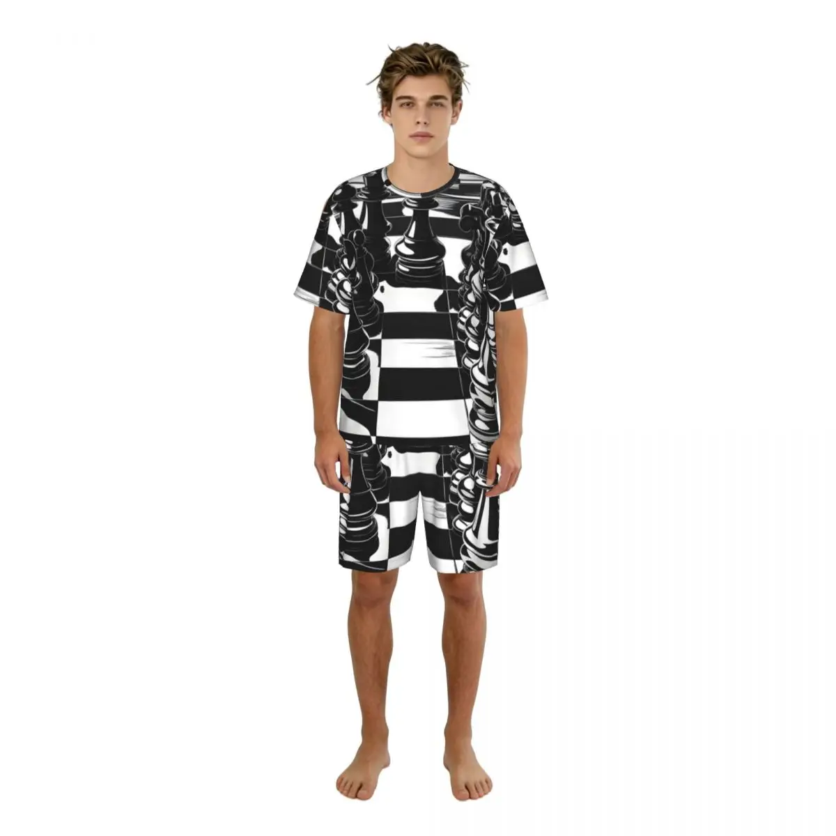 

Мужской пижамный комплект с короткими рукавами и шортами, одежда для сна с шахматным принтом, повседневная ночная одежда, домашний костюм