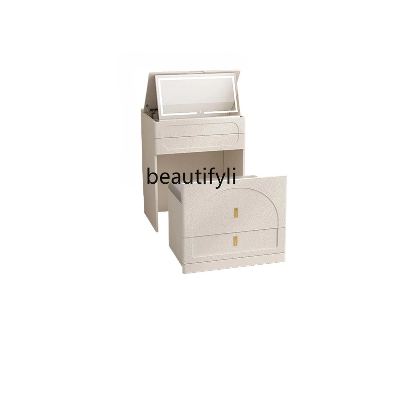 Cream Style Dressing Table Bedside Table Flip Makeup Table Folding Mirror Smart Charging with Light