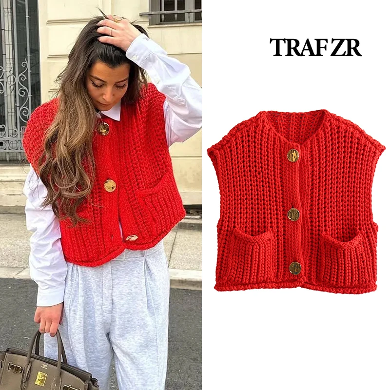 TRAF ZR Cardigan for Women Knit Wear red Knitted Luxury Cardigan Sweater Women Outerwears Vintage Long Sleeve Bomber Jackets