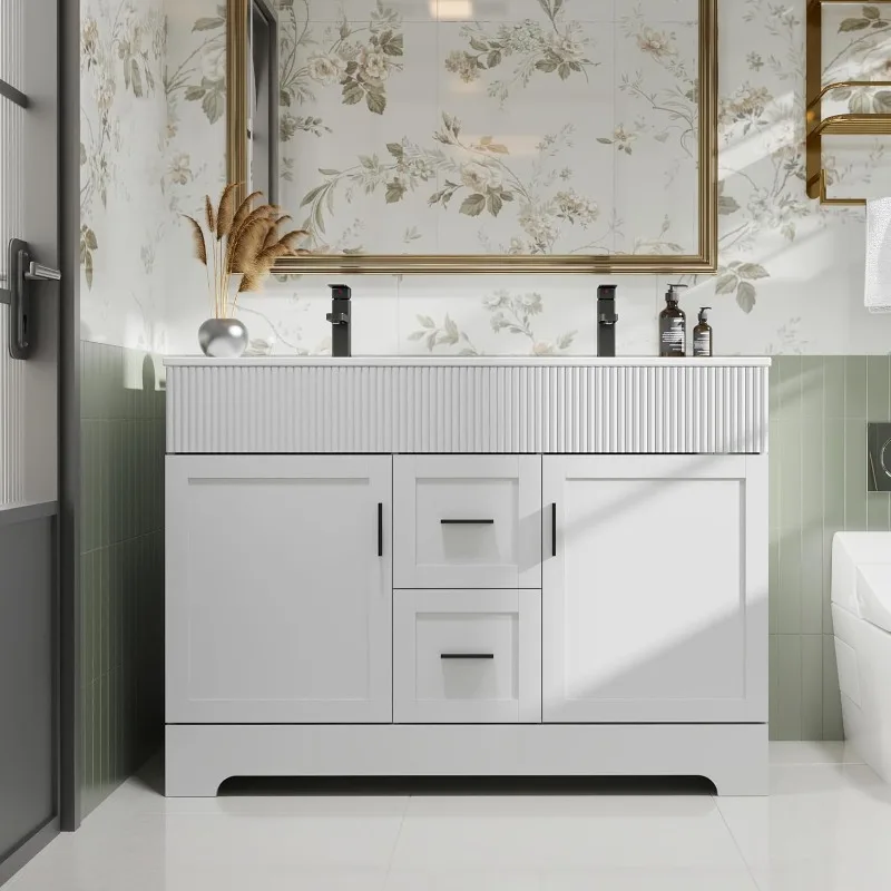 home.48" Lavabo da bagno combinato con superficie verniciata, mobiletto moderno con cassetti e linee ondulate decorative, sottopiano D