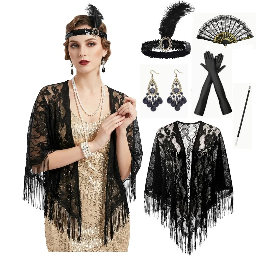 

5Pcs 1920s Flapper Accessories Set for Women Roaring Party Costume Set Tassel Patchwork V-Neck Cardigans Tulle Shawl Party