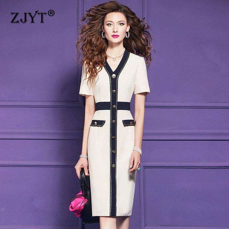 

ZJYT Elegant Chic Women Color Bock Office Pencil Dress Summer Short Sleeve V Neck Plus Size White Party Vestidos 2025 Fashion