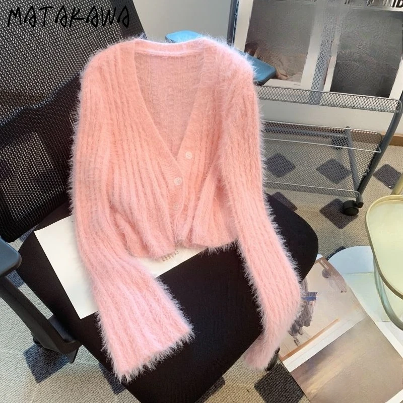 

Matakawa Short Cardigans Woman Solid Autumn Winter Korean Fashion Elegant Sweaters Simple Single Breasted Sueter Mujer