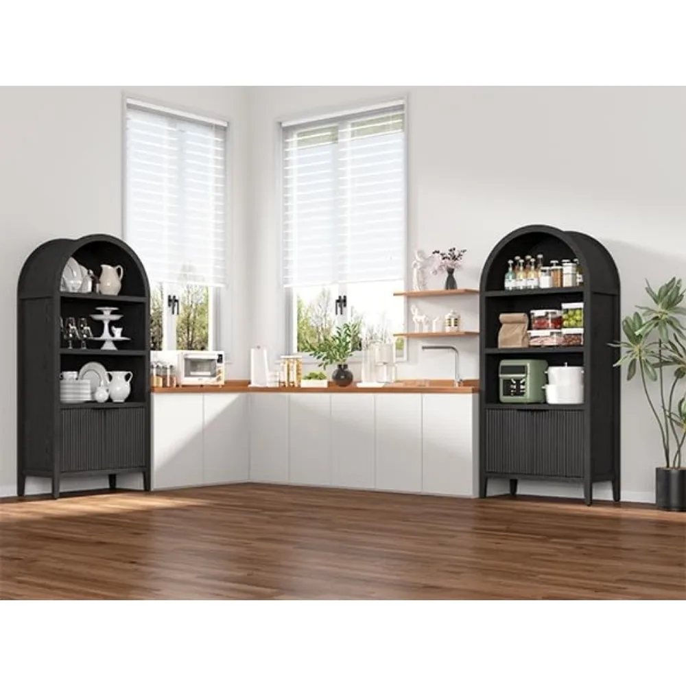 5-Tier Tall Arched Black Bookshelf with Fluted Doors and Shelving, Display Cabinet for Home and Office