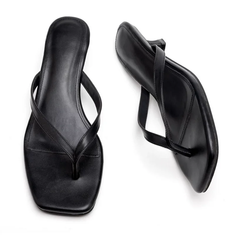 Sandalias de tacón bajo para mujer con punta cuadrada, diseño de costuras, estilo chancla, zapatos de mujer, calzado femenino.