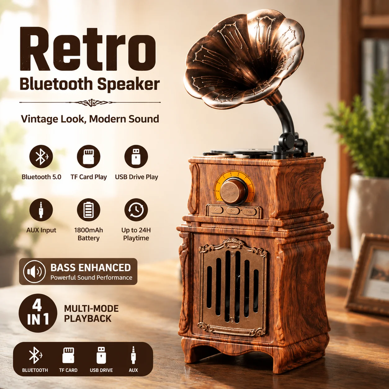 Wood Grain Retro Bluetooth Speakers 8W Powerful Sound Box Vintage HiFi Stereo Sound for Home Decor Birthdays Christmas Gifts