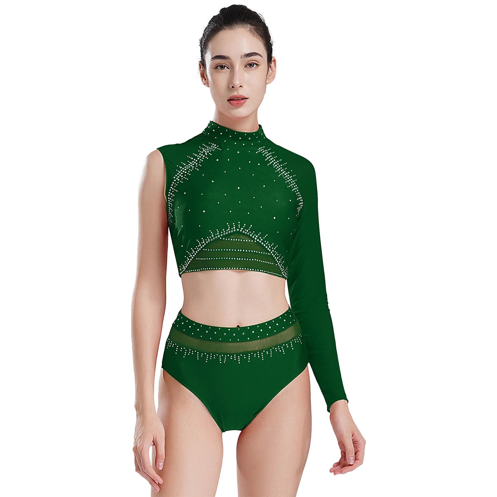 

Women Gymnastic Ballet Dance Outfit Sexy Modern Dancewear Mesh Patchwork Shiny Rhinestones Backless Crop Top with Boxers Briefs