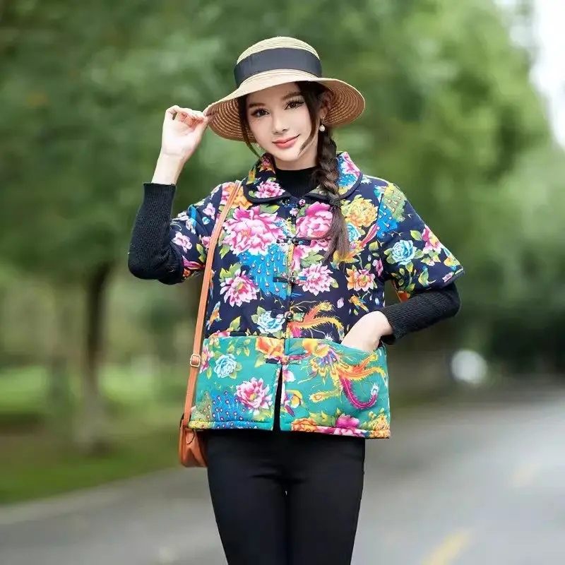 2024 Spring Autumn Wear Northeast Big Flower Clothes Plush Thickened Vest Fashion Women's Fashion Ethnic Style Warm Coat Z4825