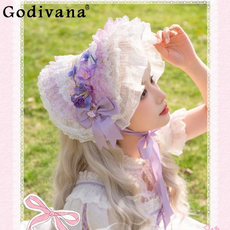 gradient-floral-gauze-butterfly-fedoras-for-women-japanese-style-lolita-flower-bonnet-flat-hat-female-sweet-party-sun-hat