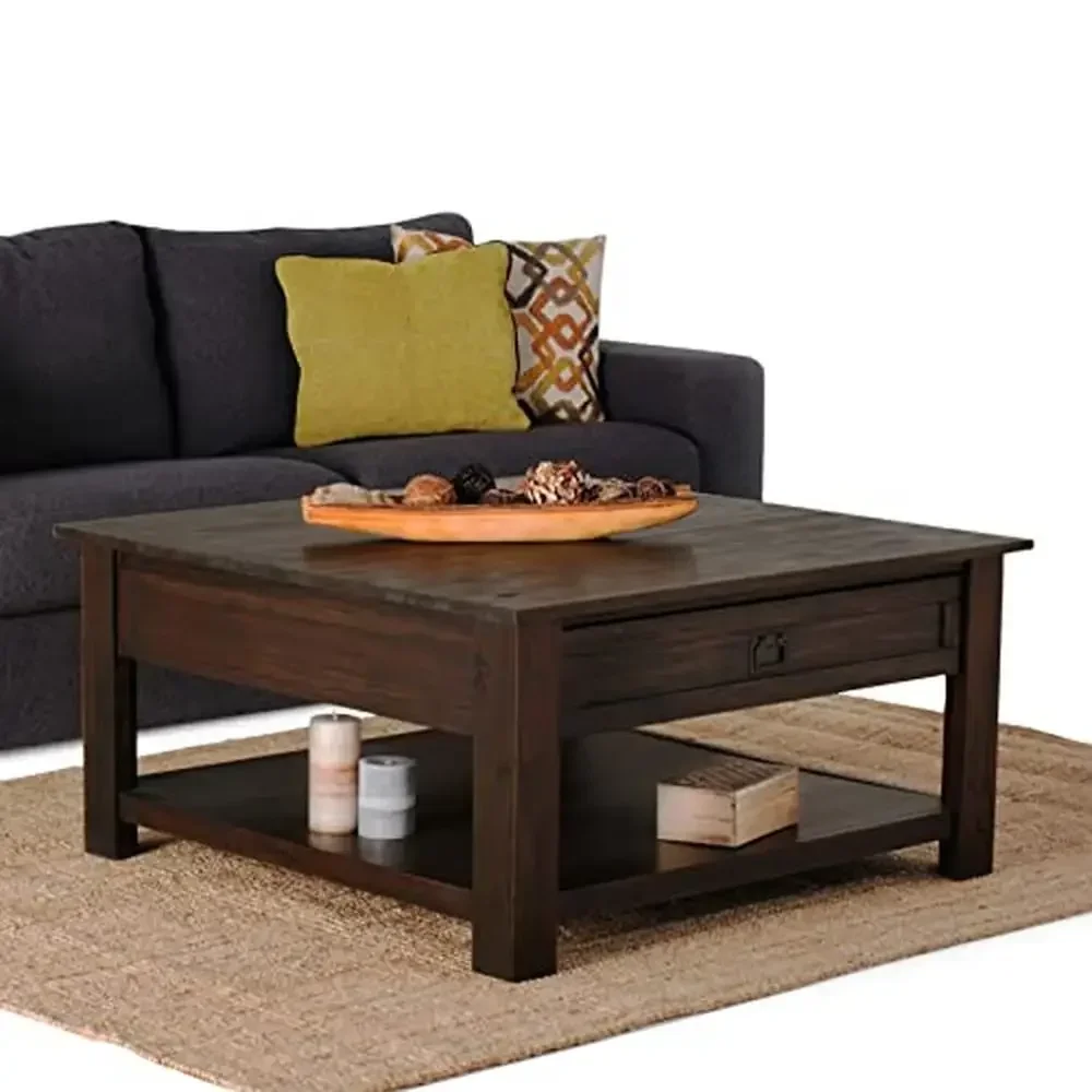 Monroe SOLID ACACIA WOOD 38 Inch Wide Square Rustic Coffee Table in Distressed Charcoal Brown For the Living Room and Family