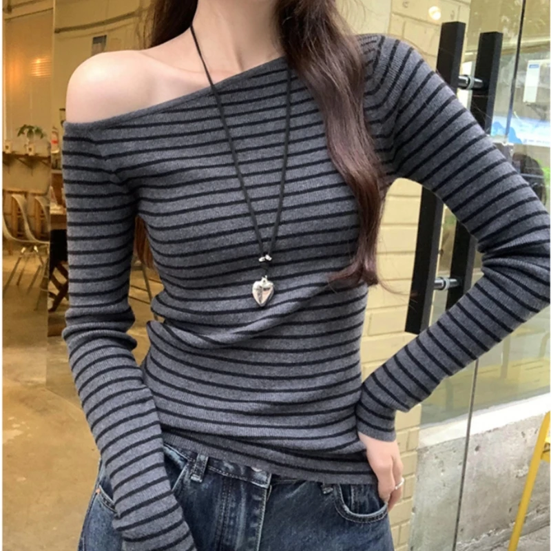 

Spring Autumn Vintage Striped Women's T-shirts 2025 New Black Long Sleeve Off Shoulder Korean Slim Knitted Tops Tee Female