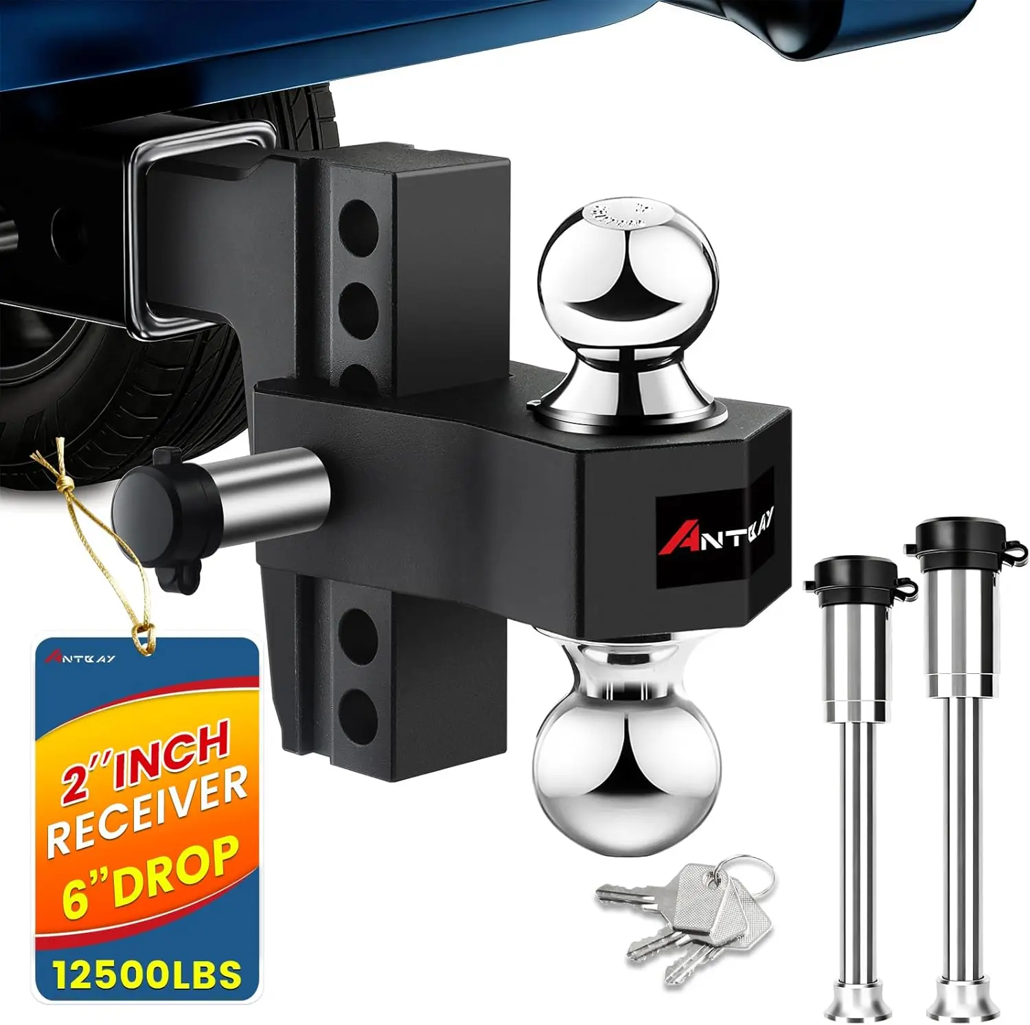 

Adjustable Trailer Hitch for 2" Receiver, 6" Drop/Rise Dual Ball Mount, Heavy Duty Aluminum Tow Hitch (12,500 LBS GTW)