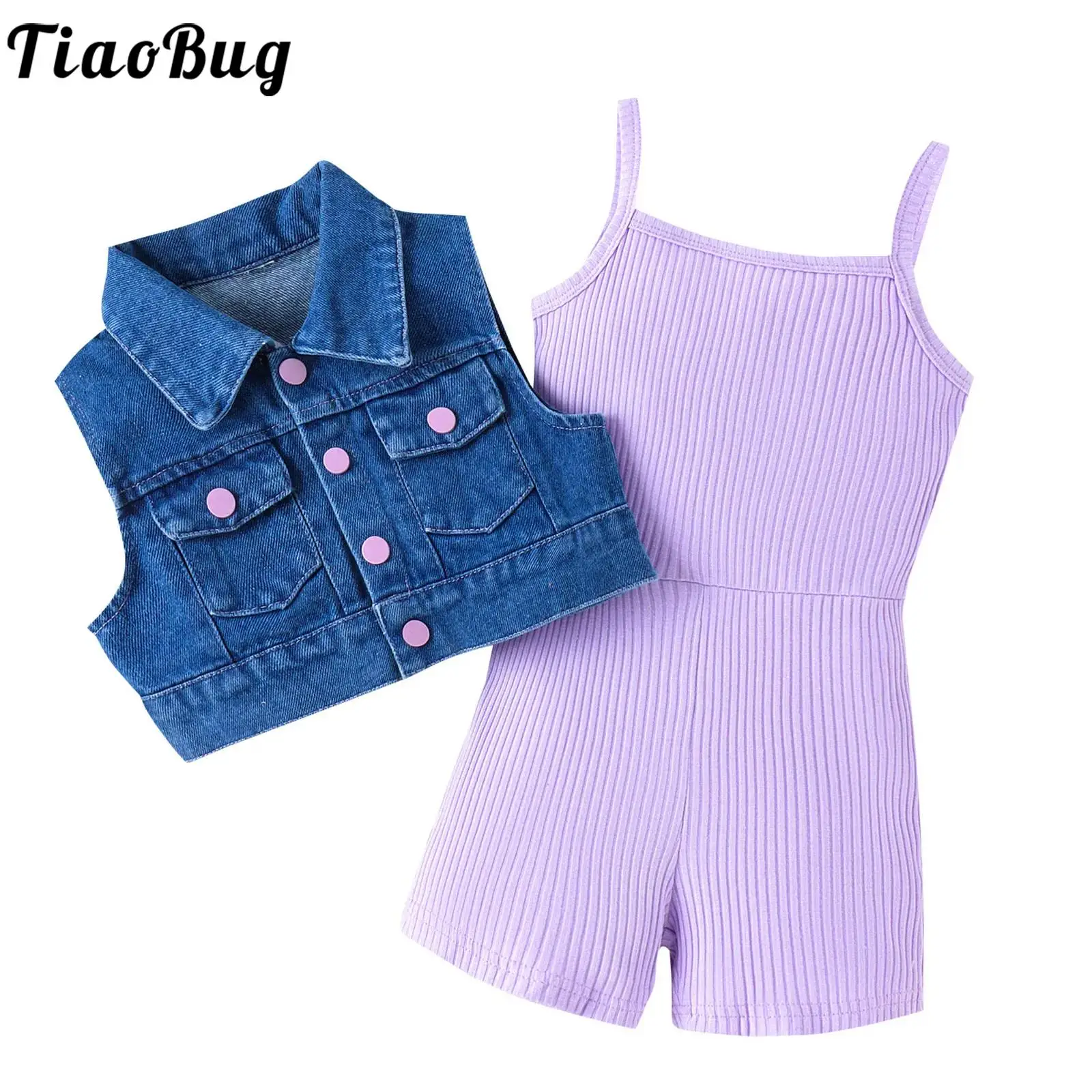 Kids Toddlers Girls 2pcs Outfits Sleeveless Rib Knitted Jumpsuit Boyleg Bodysuit with Denim Vest Coat Casual Picnic Holiday Wear