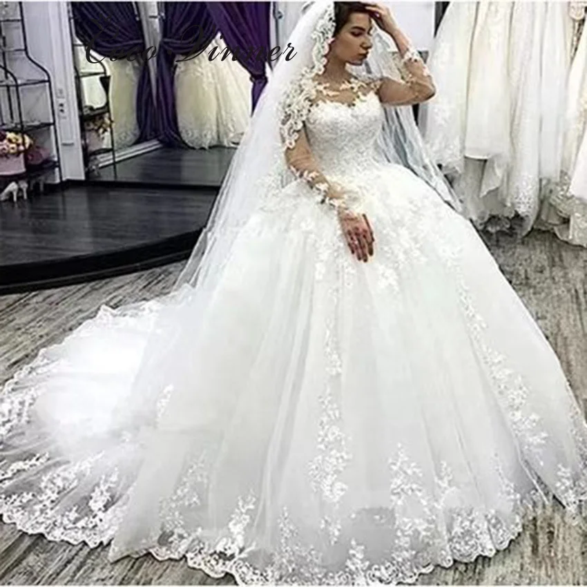 

Customized Long Train Ball Gown Wedding Dress 2024 Full Sleeves Lace up And Button Back Lace Appliques Robe De Mariée W1265