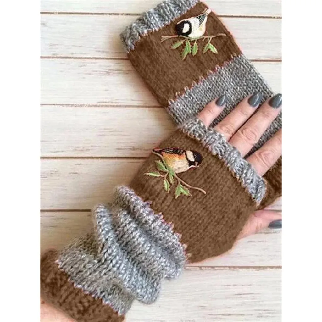 Guantes sin dedos bordados para mujer, manoplas de empalme de bloques de punto, regalo de Navidad