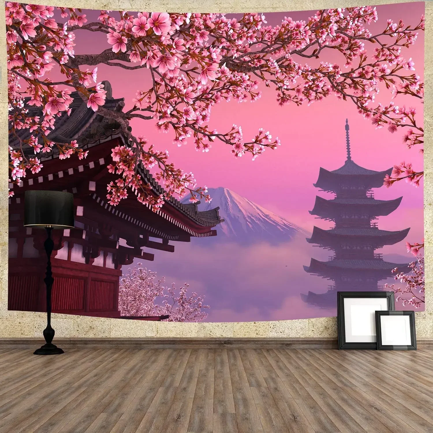 Anime Scenery Tapestry Japanese Mountain with Cherry Blossom Tapestries Sakura Village Aesthetic Art Wall Tapestry for Bedroom