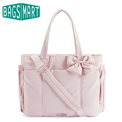 BAGSMART Padded Tote Bag With Bow Casual Quilted Padded Women Shoulder Bags Fit 15.6in Laptop Large Capacity Yoga Gym Bags