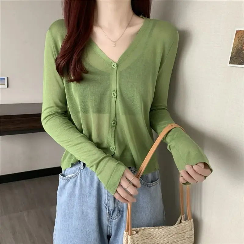 

Summer Cardigan Women See Through Thin Breathable V-neck Stylish Holiday Korean Long Style Streetwear Slim Femme Popular Simple