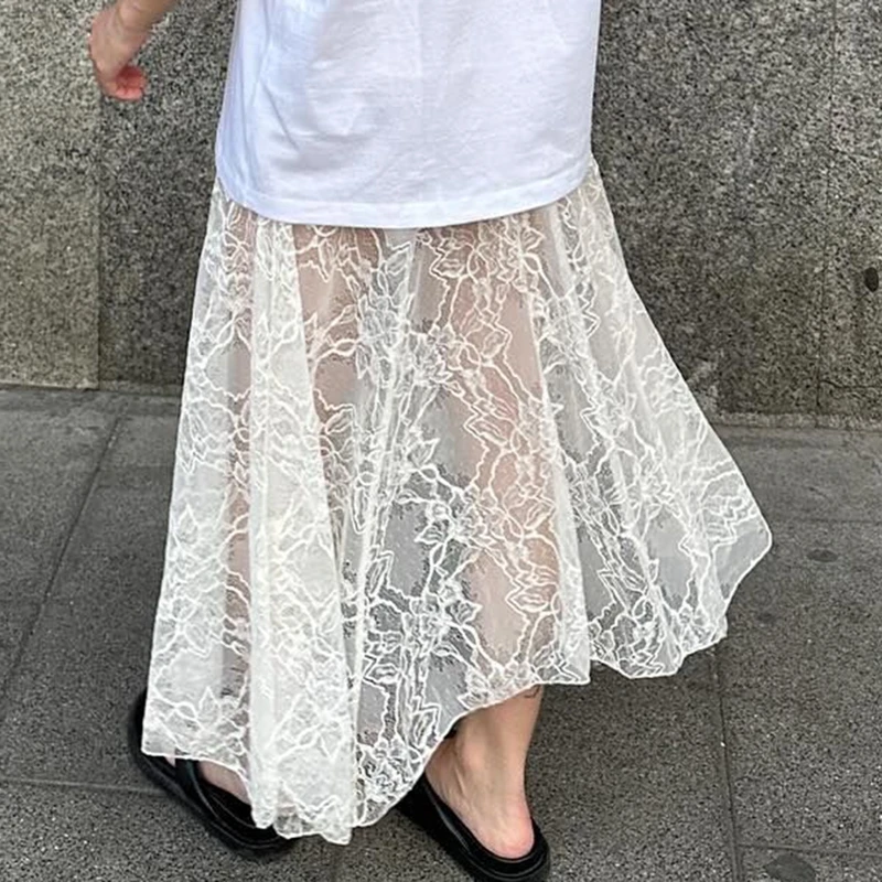 Women Lace Sheer Maxi Skirts Elegant High Waist See-Through Midi Skirts Fairy Coquette Cover-ups Long Skirts Y2k Pretty Outfits