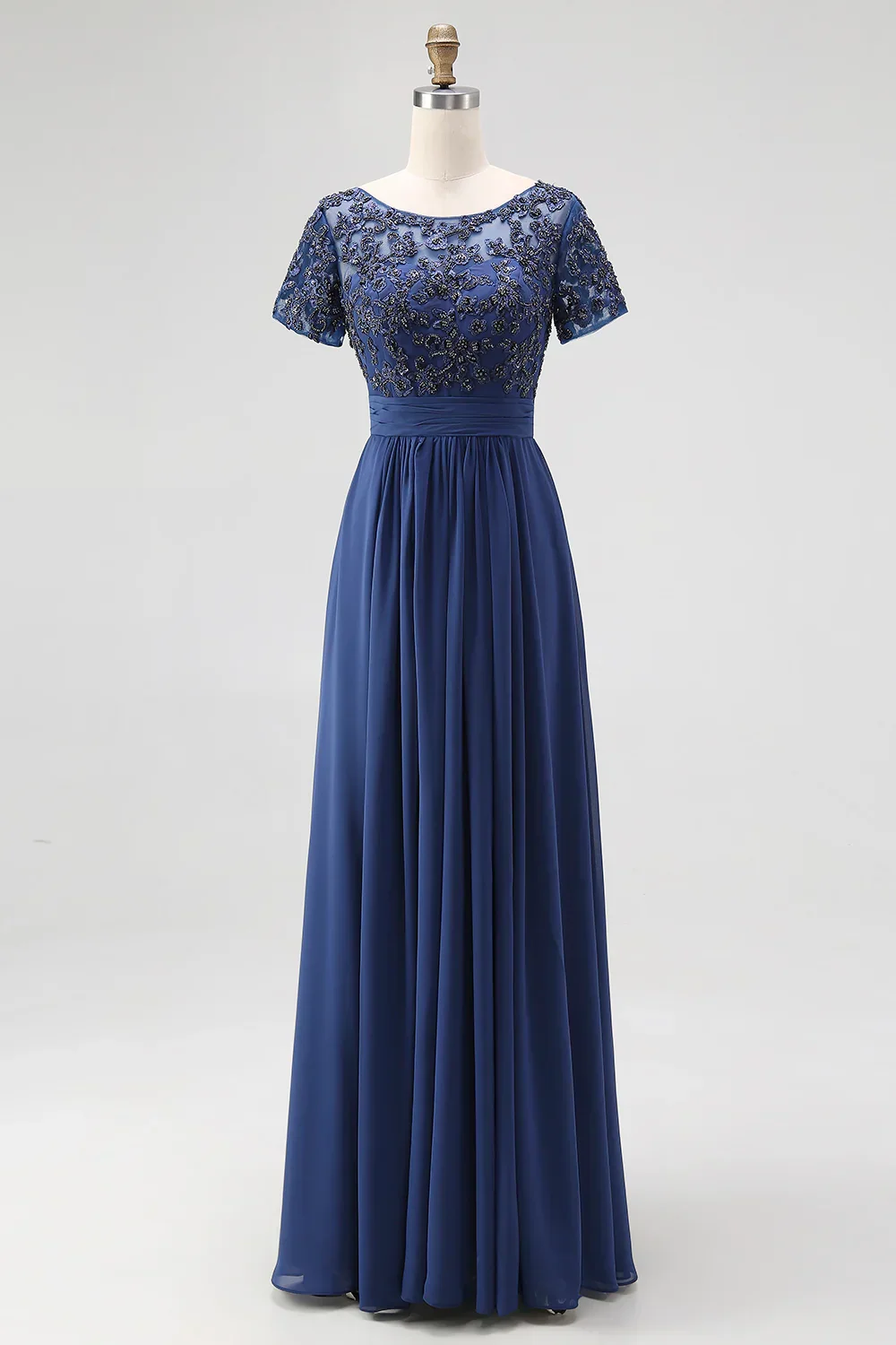 Customized O-neck Beaded Appliques Blue Short Sleeves Vestidos Para Bodas Mujer Invitada Luxury Evening Dress Dress for Women