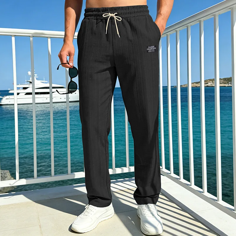 Men Waffle Textured Straight Pants, Elastic Drawstring Waist With Pockets, Lightweight Loose Pants For Travel Home Daily Holiday