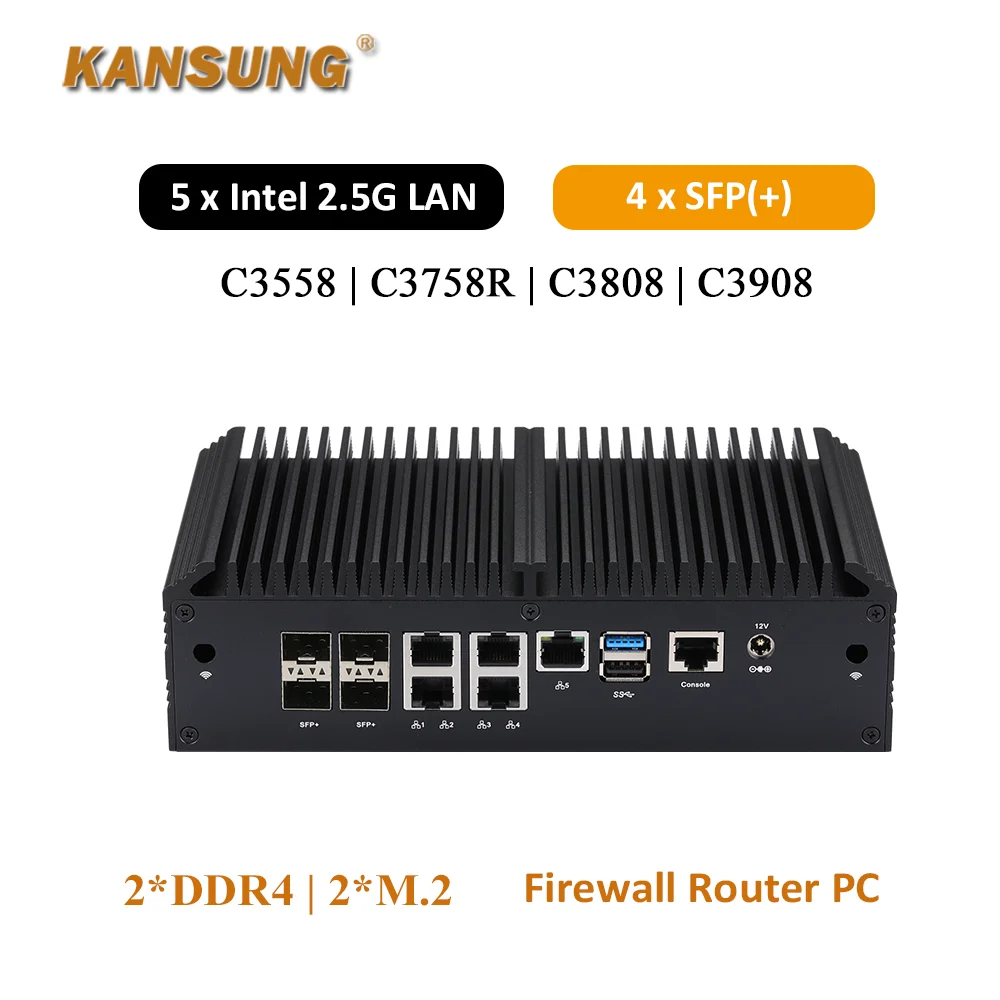 Déchets 4x10G + 5x2.5G LAN Intel Denverton Atom C3558 Cino 58R C3808 C3908 DDR4 M.2 facades 8 Core Fanless Firewall Mini PC Server Router