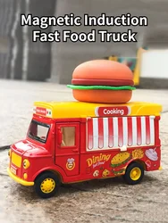 1/36 Magnetic Induction Fast Food Truck Alloy Diecast Car Model Toy with Sound Light Pull Back Collection Gifts for Boy Birthday