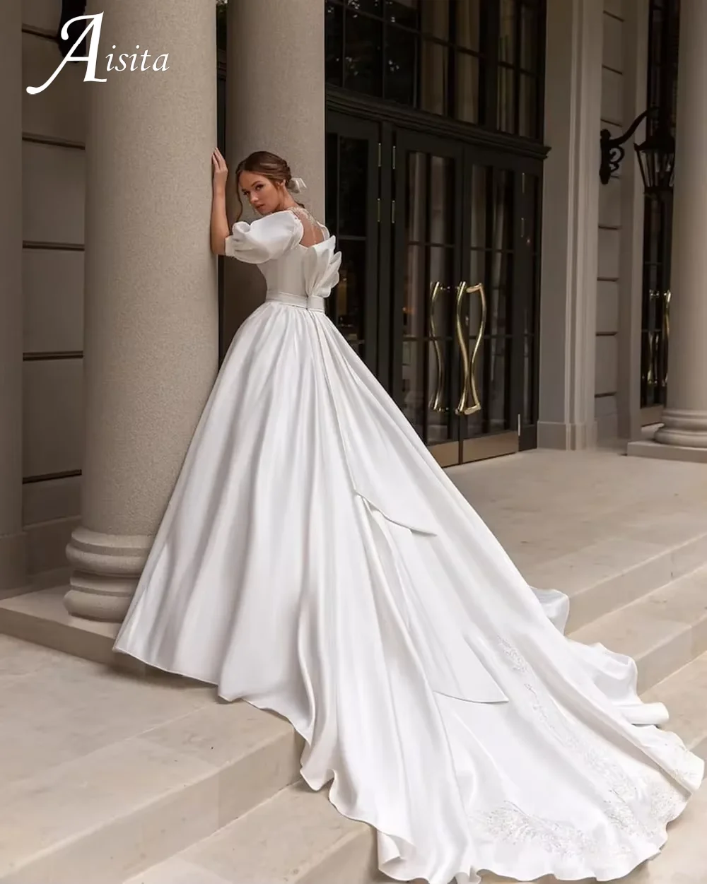 Elegante weiße Satin-Brautkleider mit quadratischem Kragen, A-Linie, Puffärmel, Brautkleider, maßgeschneidert, Vestidos de Novia mit Sweep-Zug