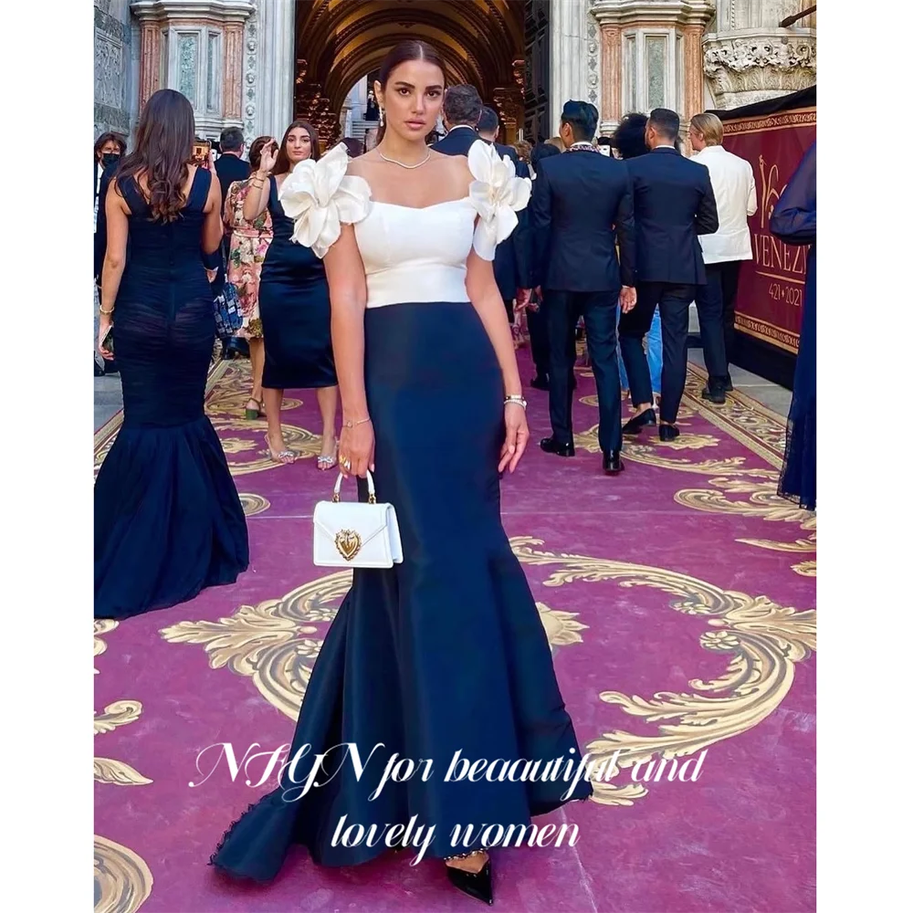 

NFYN Темно-синее вечернее платье с цветочным принтом на плечах Вечернее платье контрастного цвета فساتين السهرة Индивидуальное платье